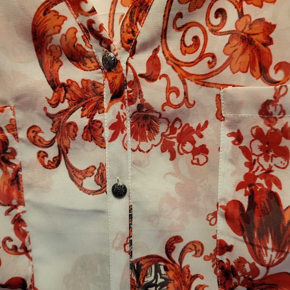 Kaktus Elegant Red and White Semi-Sheer Long Sleeved Patterned Blouse - Size XL - Picture 6 of 7